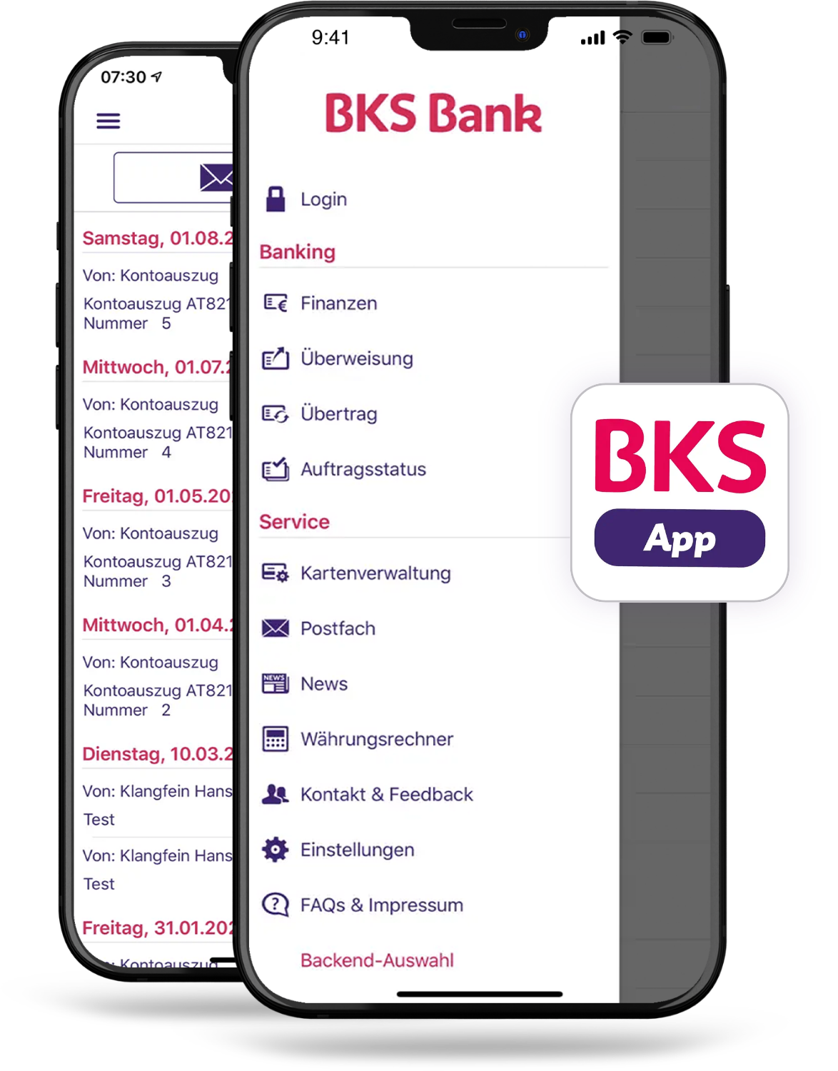 Zwei Smartphones mit der BKS Bank App offen.