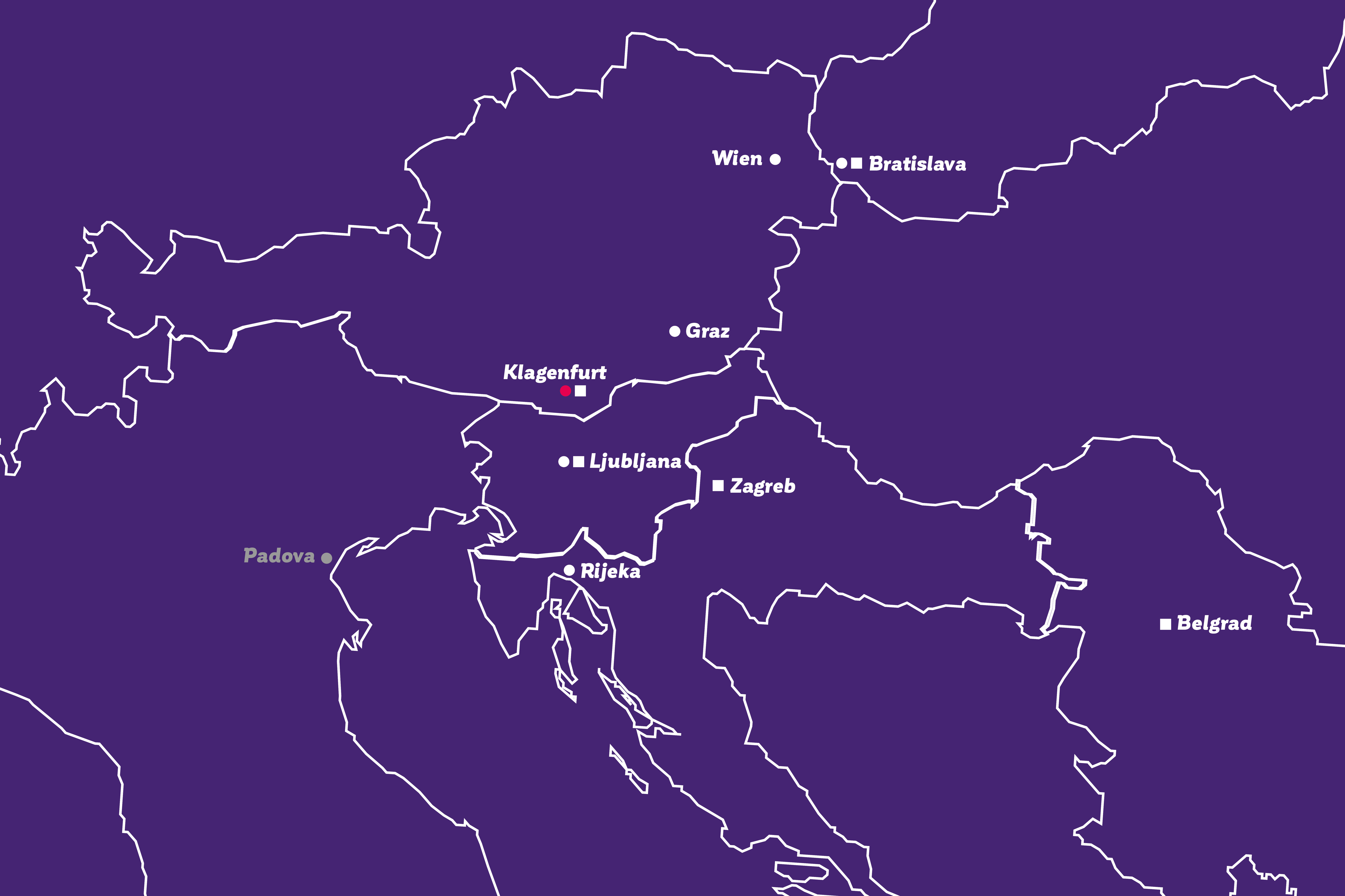 Karte mit Standortmarkierungen – BKS Bank Präsenz in Zentral- und Südosteuropa.